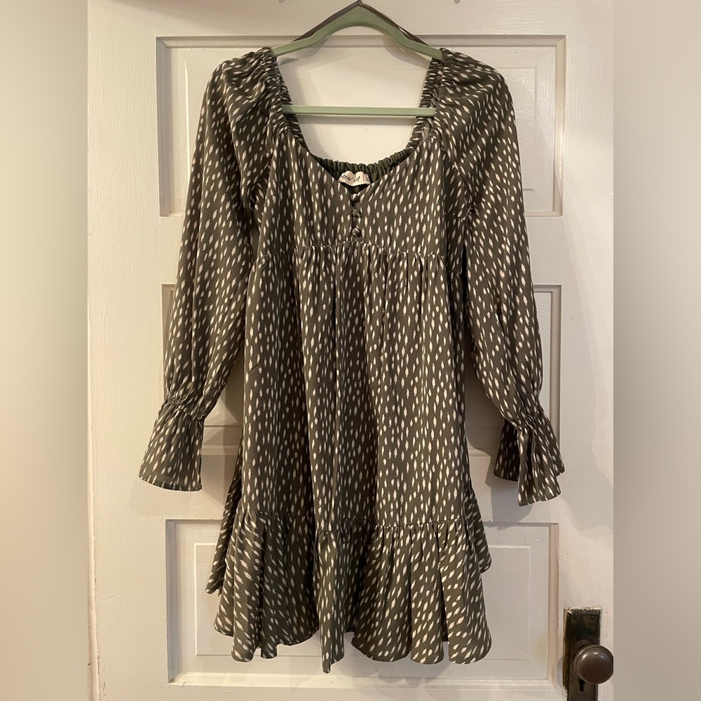 Olive Green Printed Peasant Dress
